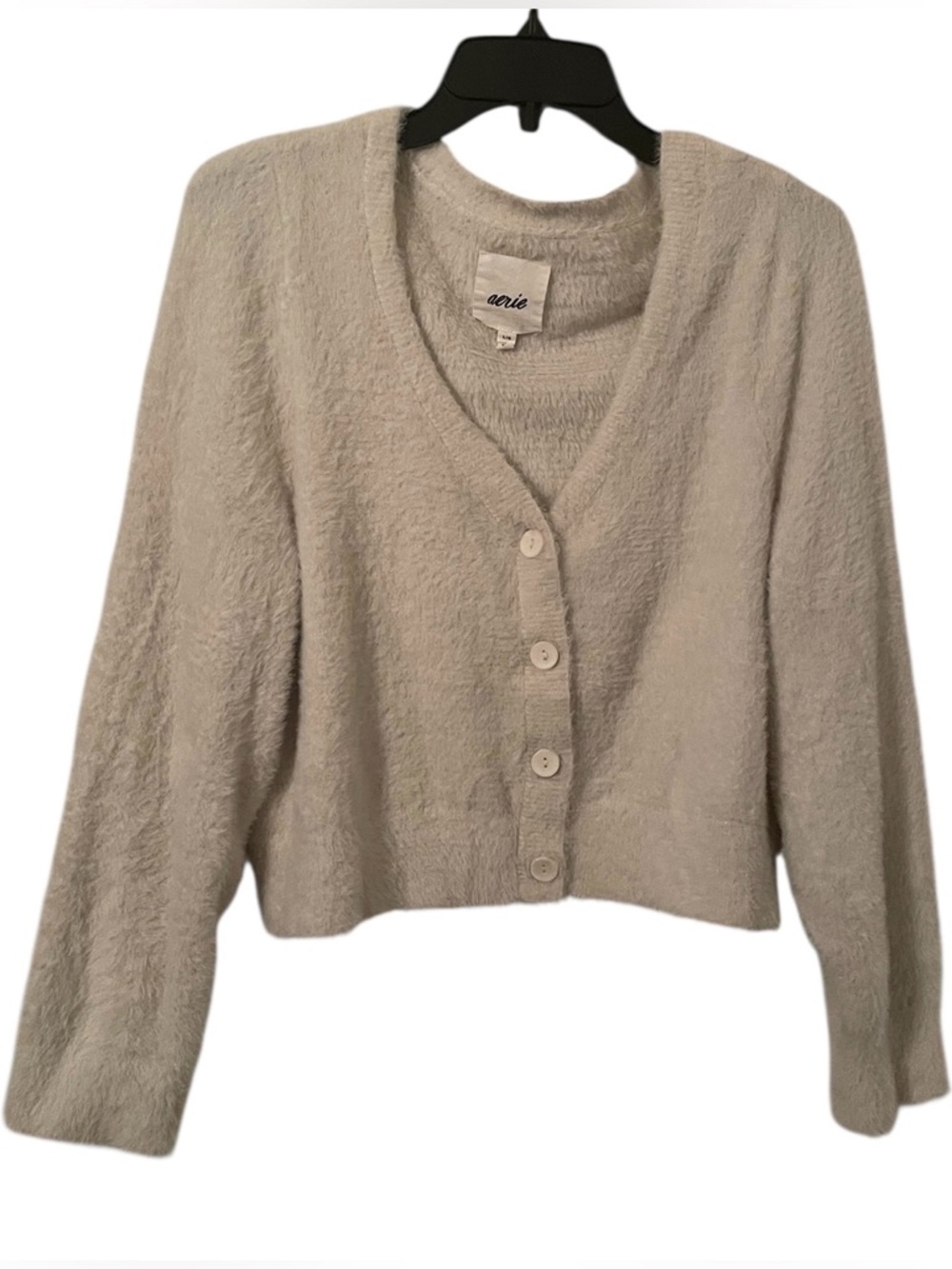 Aerie Women's White Fuzzy Button V-Neck Open Front Sweater Cardigan Size L